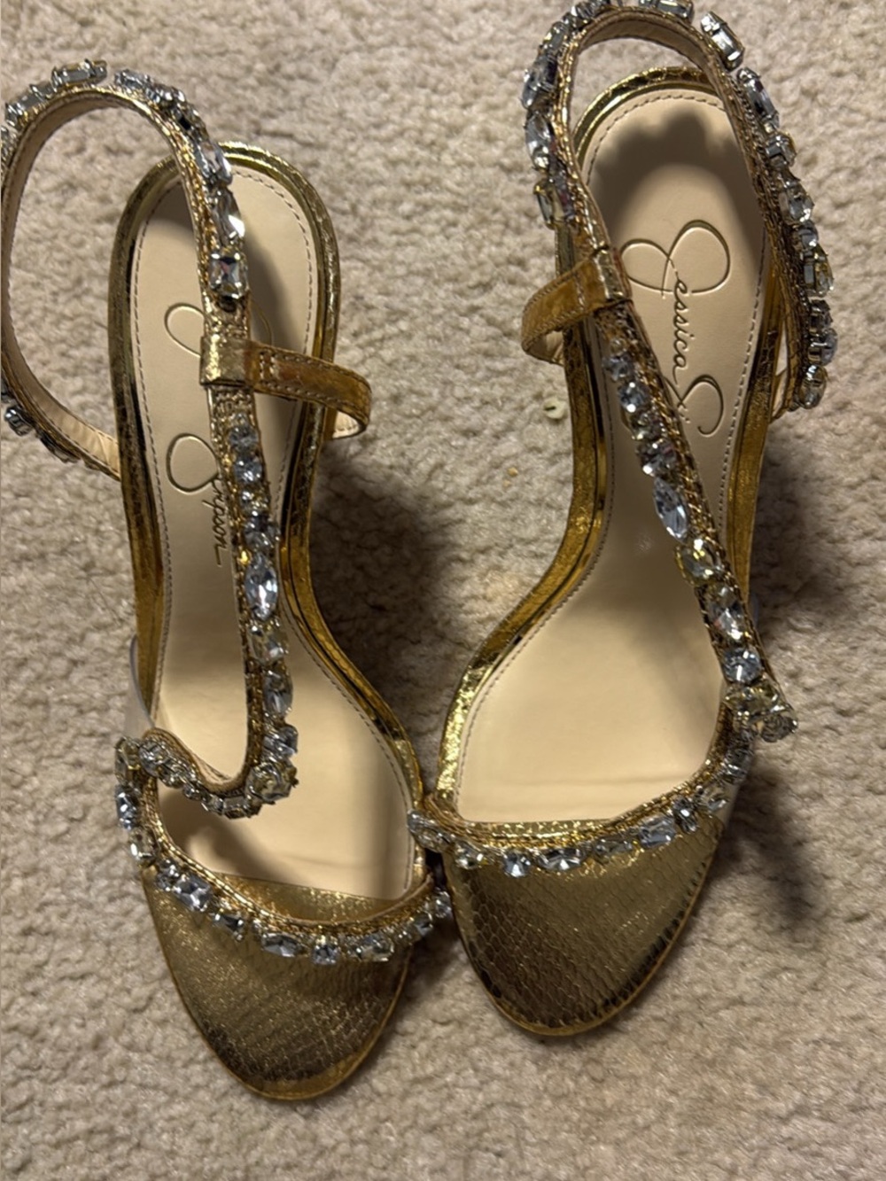Jessica Simpson Metallic Gold Jeweled Strappy Heels
